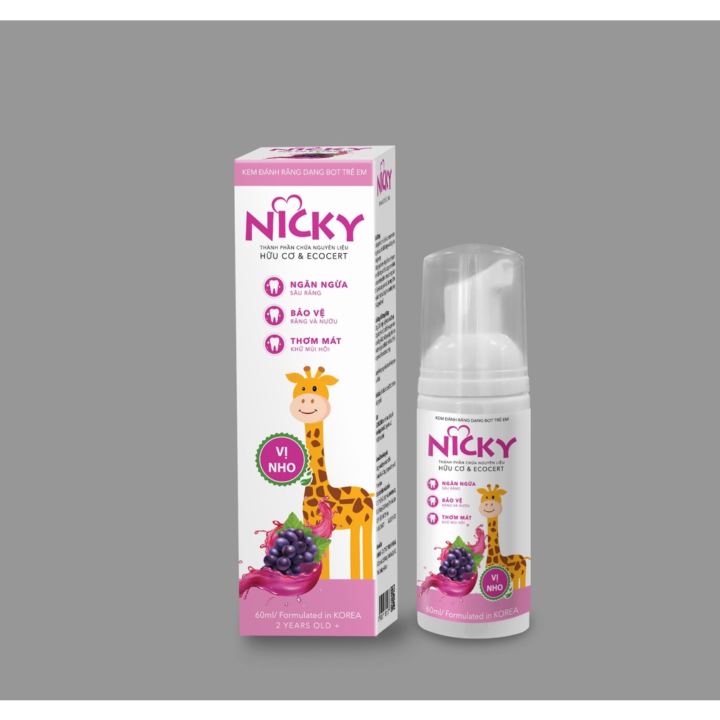 Kem đánh răng dạng bọt trẻ em vị nho Nicky chai 60ml